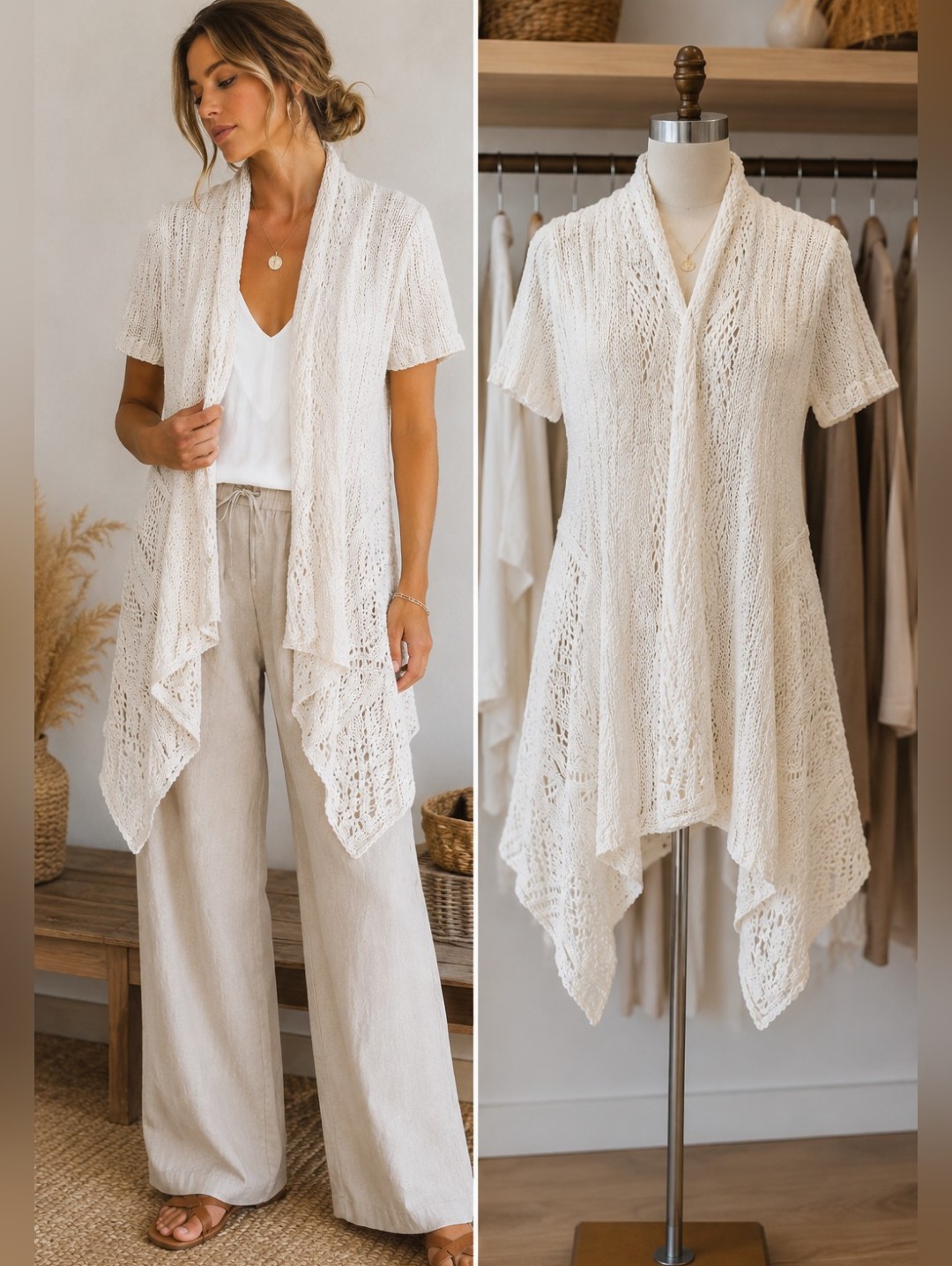 Woolrich Cotton Open Knit Drape Cardigan M Off White Boho Cottagecore